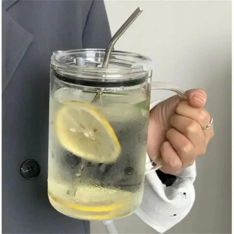 1L Glass Drinking Cup with Lid and Straw