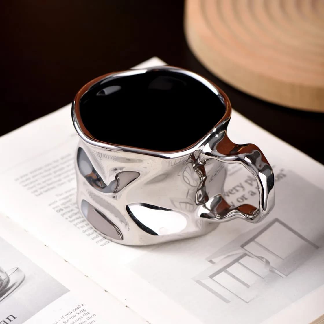Modern Electroplated Silver Ceramic Coffee Cup Artistic Abstract Wrinkled Mug Metallic Imitation Milk Breakfast Cup Couple's Mug