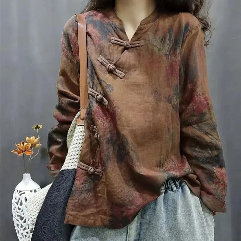 Ethnic Floral Slant Collar Blouse