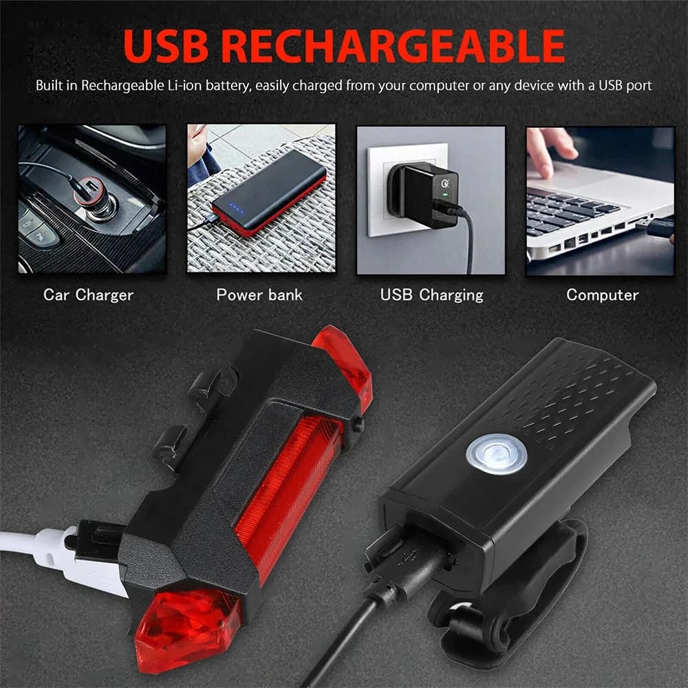 USB Rechargeable Bicycle Front and Rear Light Set