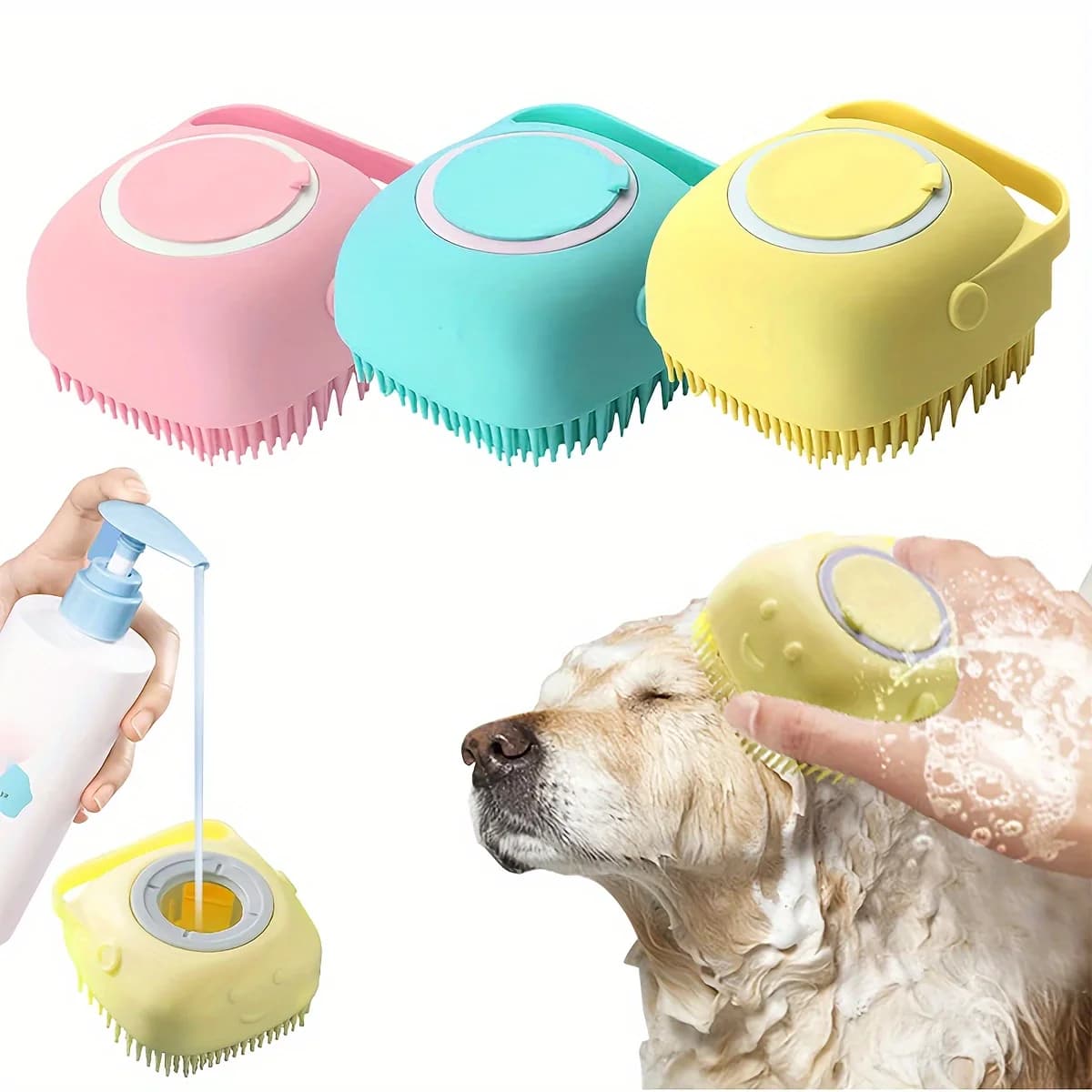 Pet Massage Brush Dog Bathing Brush Shampoo Dispenser Soft Silicone Brush Rubber Bristle for Dogs and Cats Shower Grooming Tool