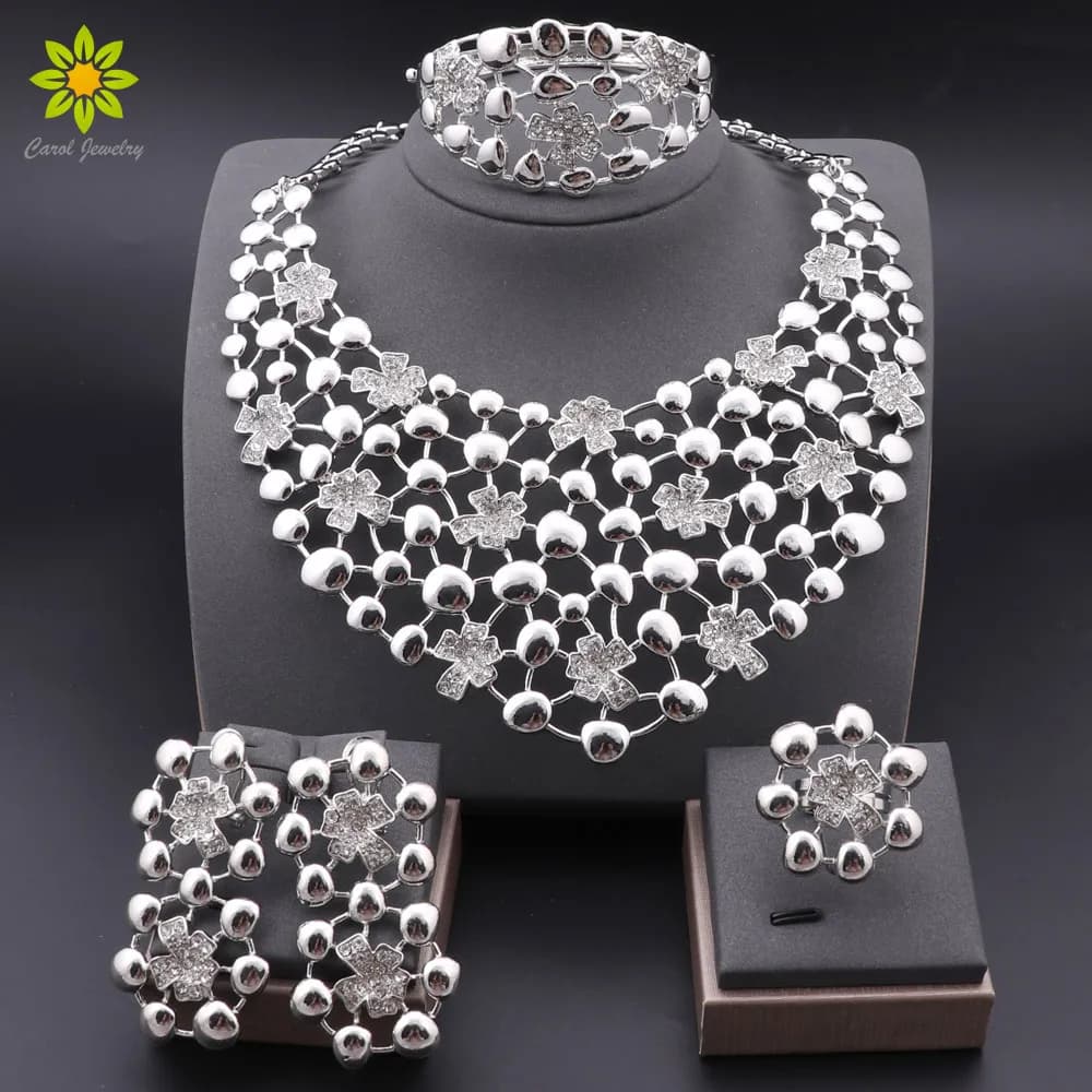 Elegant Jewelry Sets Dubai Silver Plated Jewelry Women Necklace Bracelet Earrings Ring Bride Wedding Party Accessories