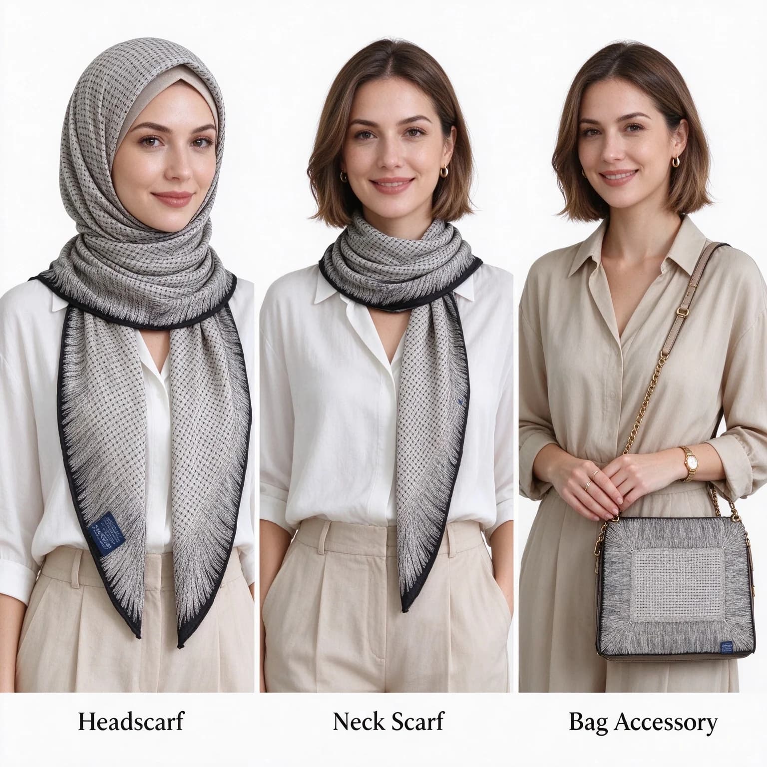 Lightweight Silk Wool Square Scarf Gray Grid