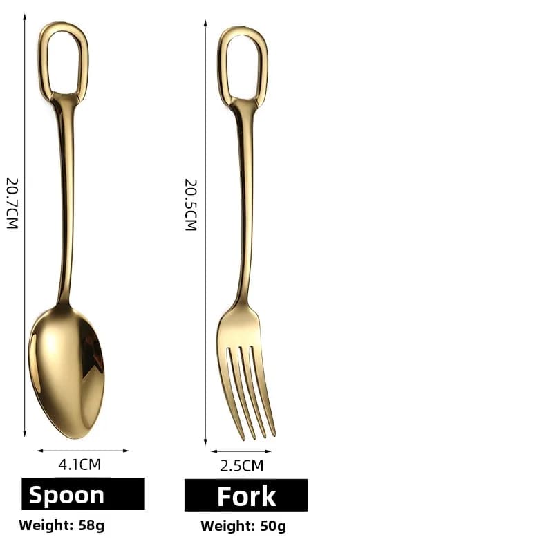 Gold hanging hole table spoon + gold hanging hole table fork