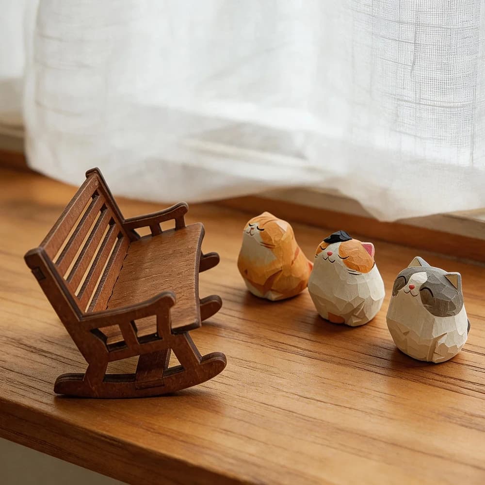 Hand Carved Wooden Cat Figurines Cute Kitten Statue with Mini Bench Home Orange Calico Cat Ragdoll Cat Desktop Ornament Gift