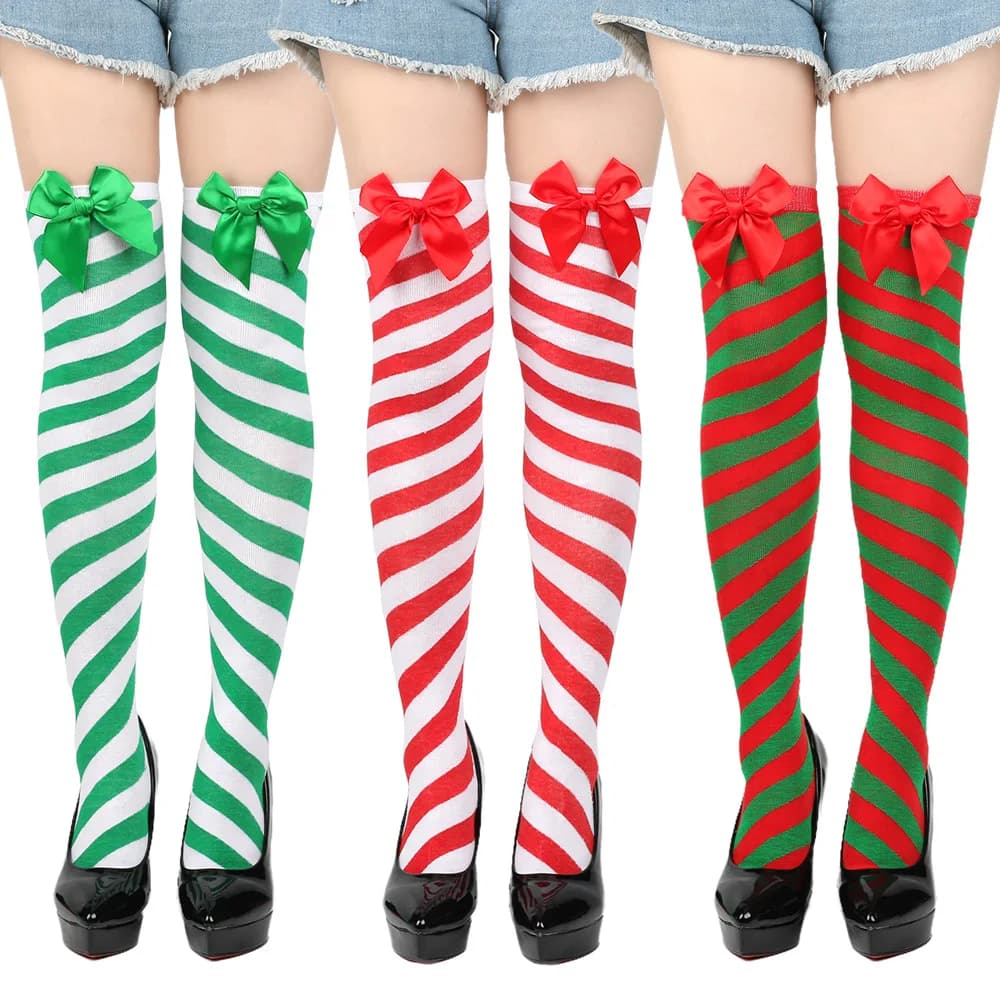Christmas Striped Knee Socks with Bows