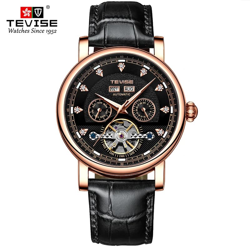 TEVISE Watch for Man Automatic Mechanical Movement Casual Leather Wristwatch Luminous Waterproof Business Gift