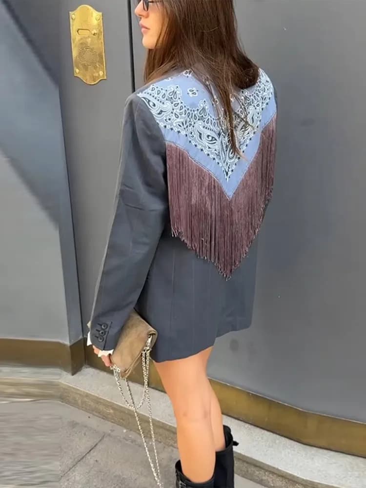Women's Bandana Print Blazer with Fringe Shawl Back