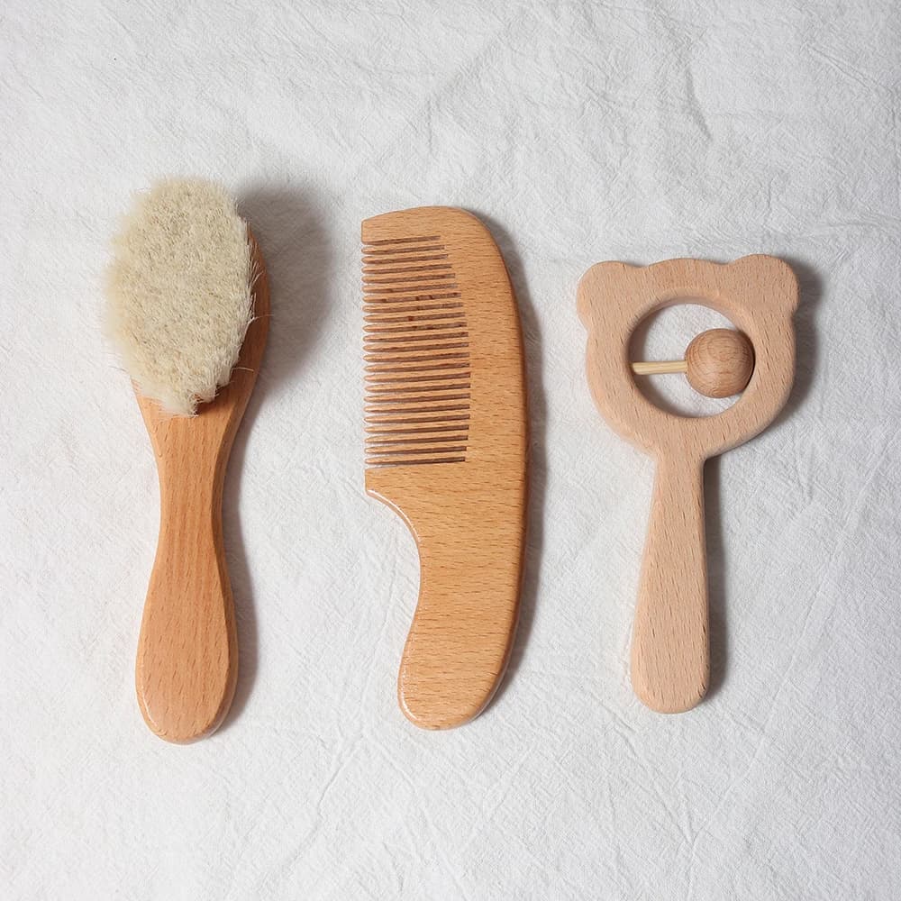 Baby Comb Brush Set Newborn Gift Set Natural Wool Beech Wooden Comb Baby Bib Pacifier Clip Kids Baby Hair Brush