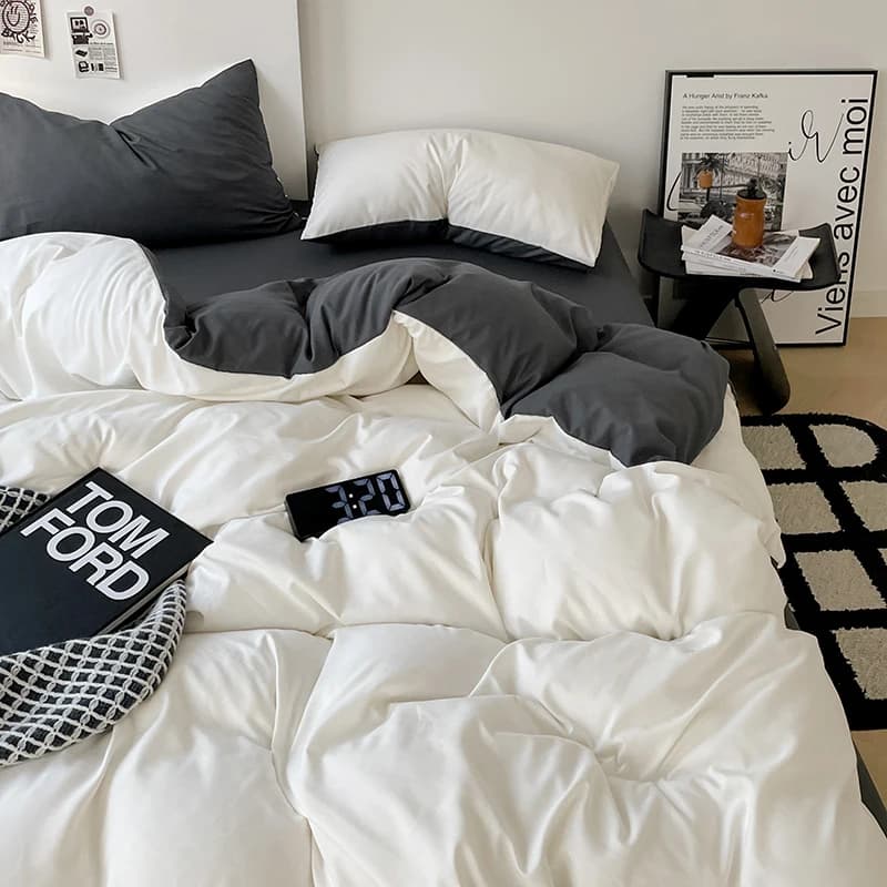 Japanese Bedding Set Solid Polyester AB Side Duvet Cover+Sheet +Pillowcase All Season Home Bed Linens Drop Shipping Full King
