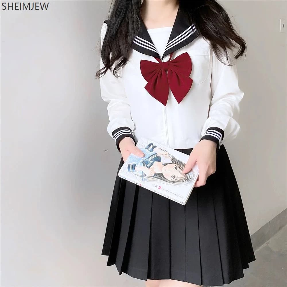 Japanese School Sailor Uniform Black White Three-Piece Set