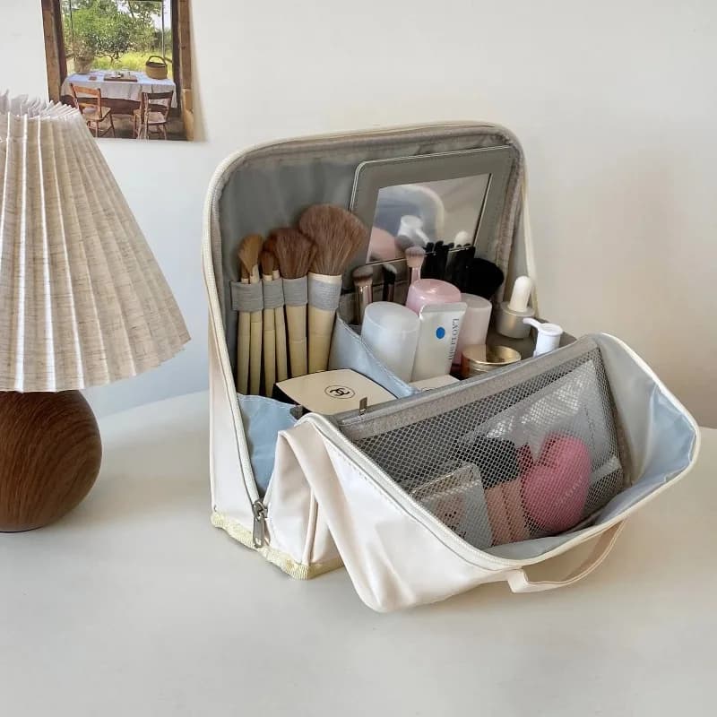 Toiletry Storage Bag Large Capacity PU Waterproof Stand Up Hand Carry Luggage Cosmetic Organizer Travel Women Beauty Accessory