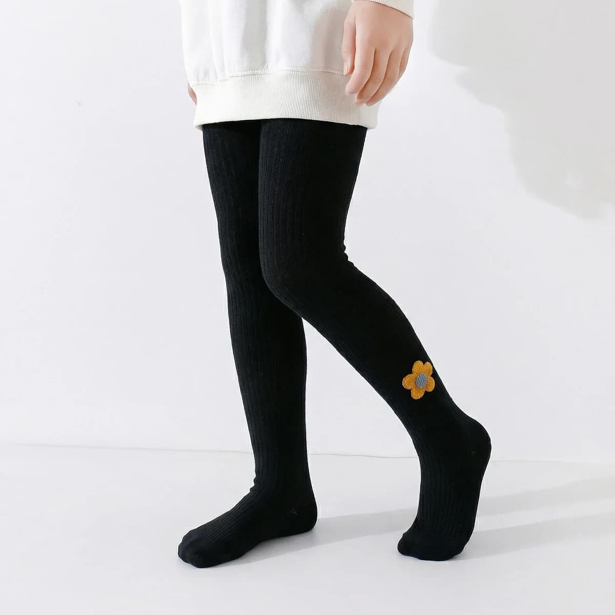 Kids Ribbed Tights With Floral Bow