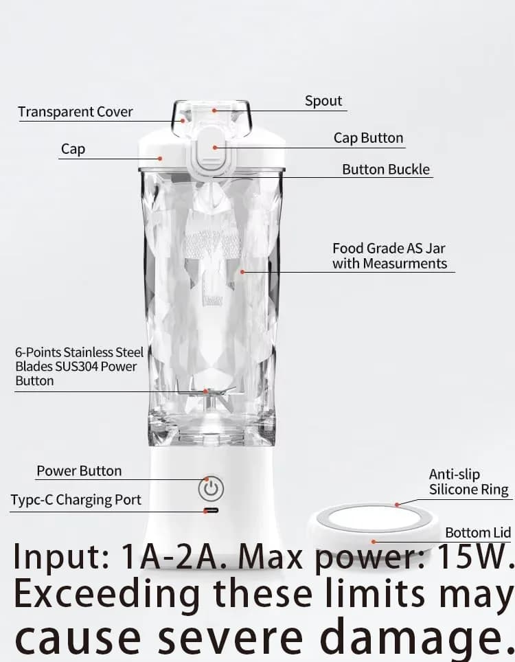 Portable blender with 20oz cup, USB-C rechargeable, self-cleaning, cordless for smoothies, gym, office.