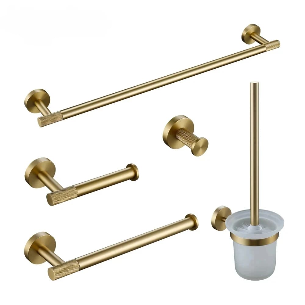 Bathroom Hardware Accessories  Brushed Gold Knurled Brass Kit Towel Bar Ring Robe Hook Paper Holder Towel Ring Toilet Brush