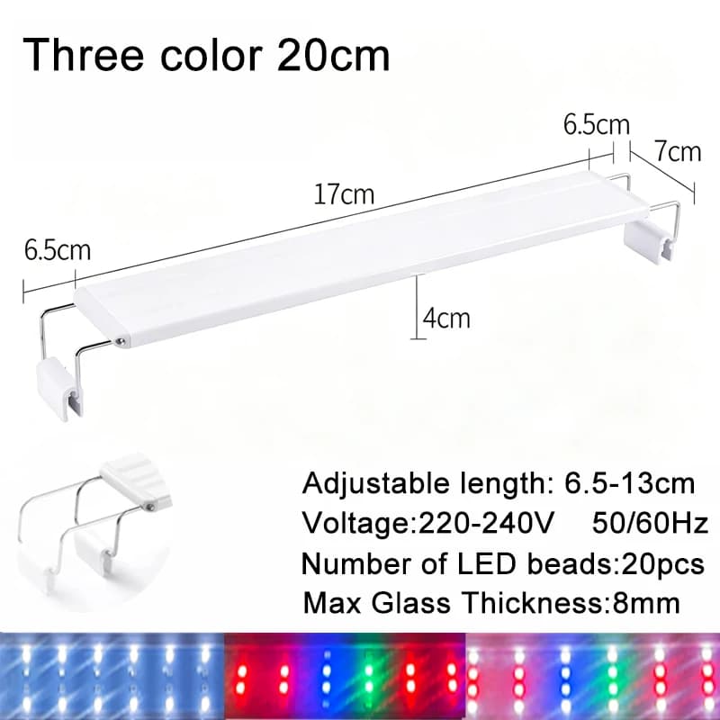 Aquarium LED Fish Tank Light, 3 Color Full Spectrum Adjustable Water Plant Lamp, Telescopic Clip-On Light for 18-75cm Aquariums