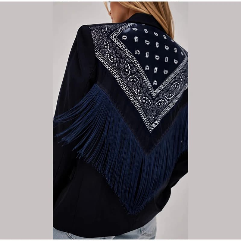 Women's Bandana Print Blazer with Fringe Shawl Back
