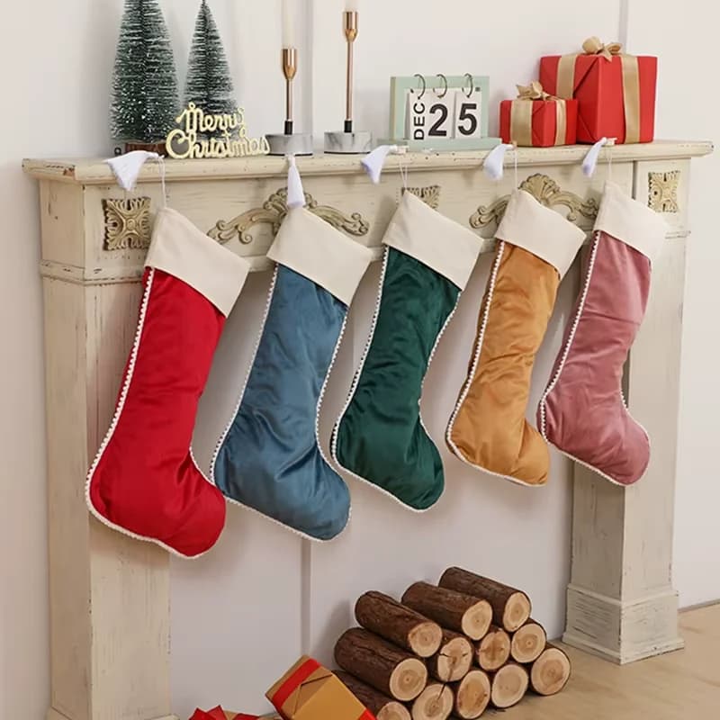 Velvet Christmas Stockings with Pom Trim