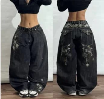 Women's High-Waist Straight-Leg Embroidered Denim