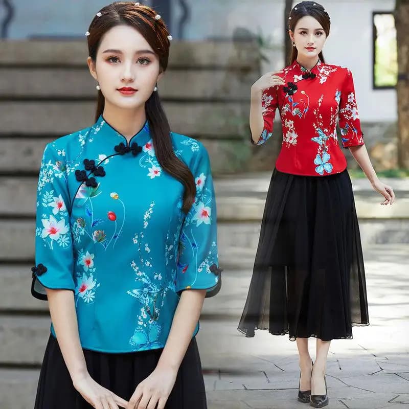 Embroidered Qipao Cheongsam Top with Pants Set