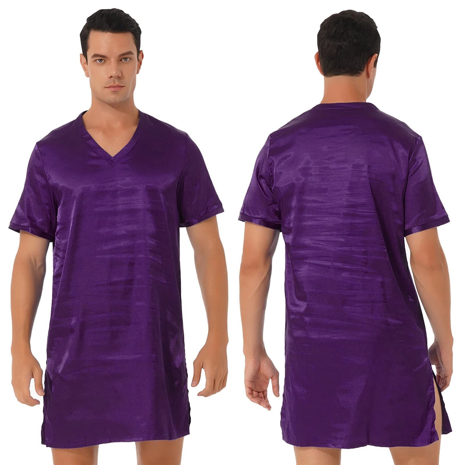 Men's Satin V-Neck Short Sleeve Nightshirt