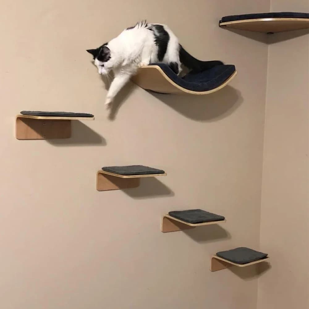 Wall-Mounted Cat Tree with Hammock and Stairs