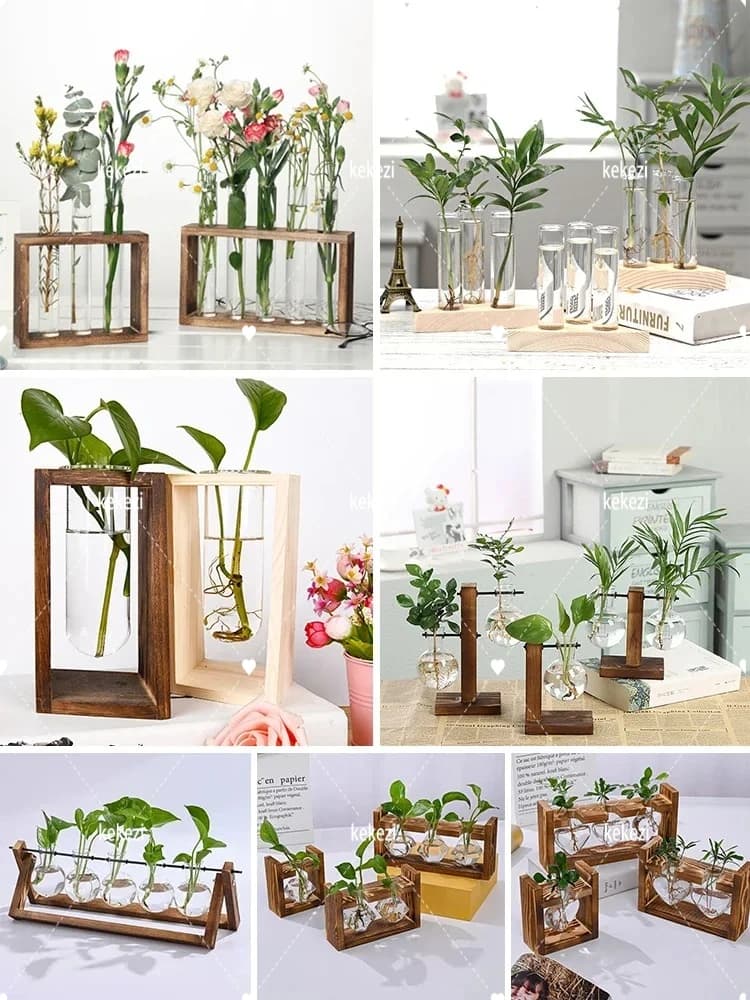 Wooden Frame Glass Hydroponic Vase