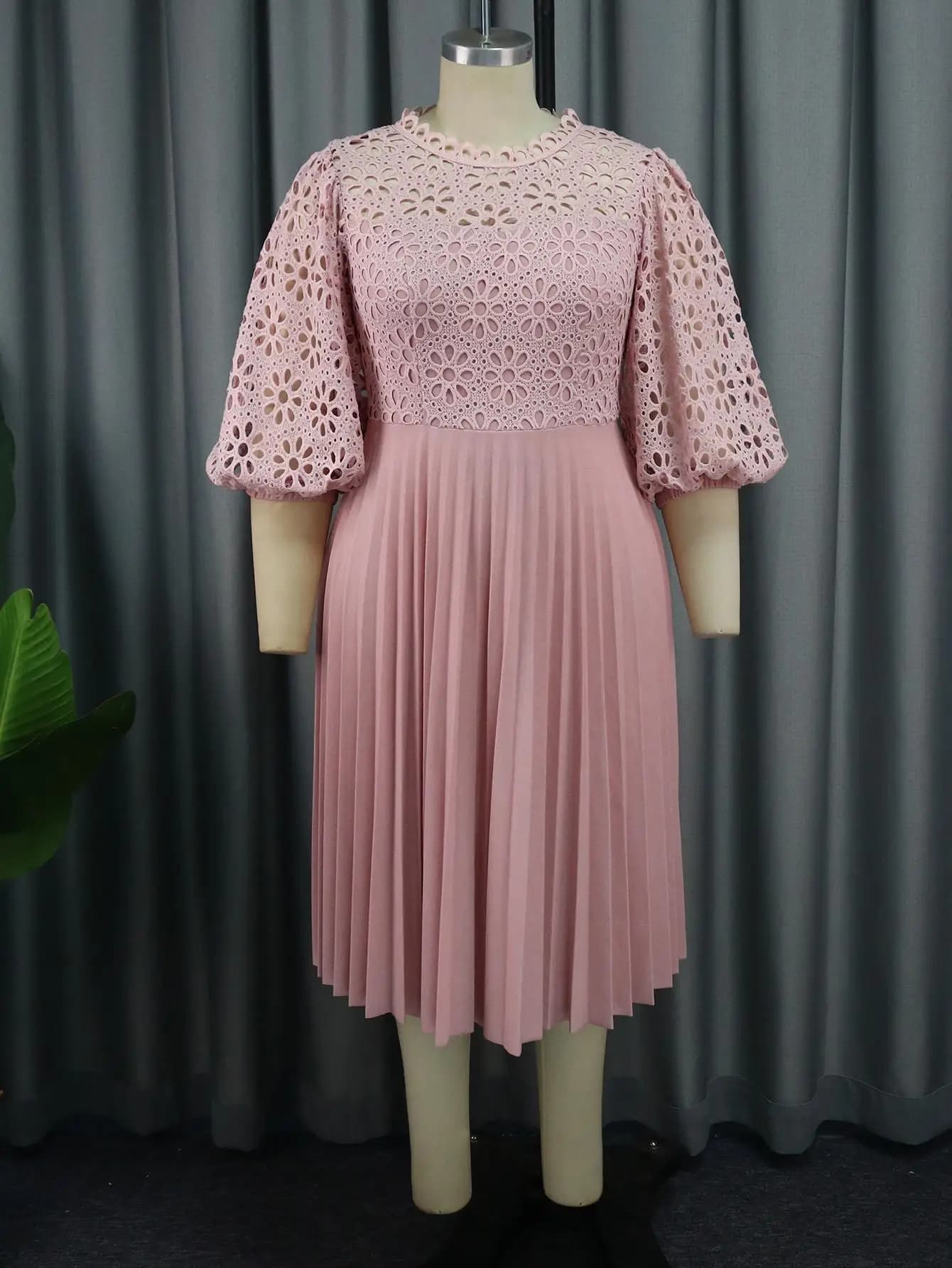 White Lace Puff Sleeve Pleated A-Line Dress