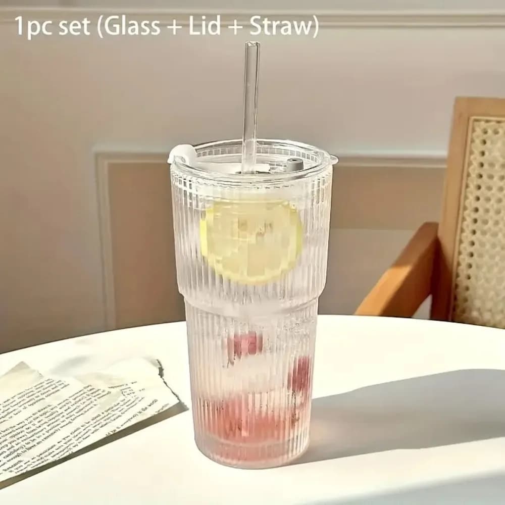 600ml Stripe Glass Cup with Lid and Straw