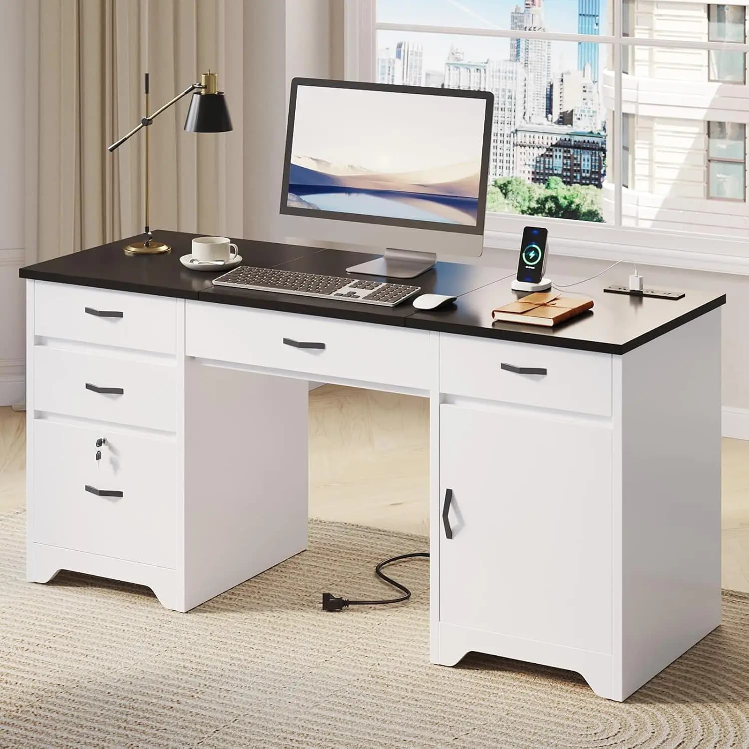 59" Office Desk with Lockable Drawers, Charging Station, Keyboard Tray, Storage Cabinet for Home Office, Customized