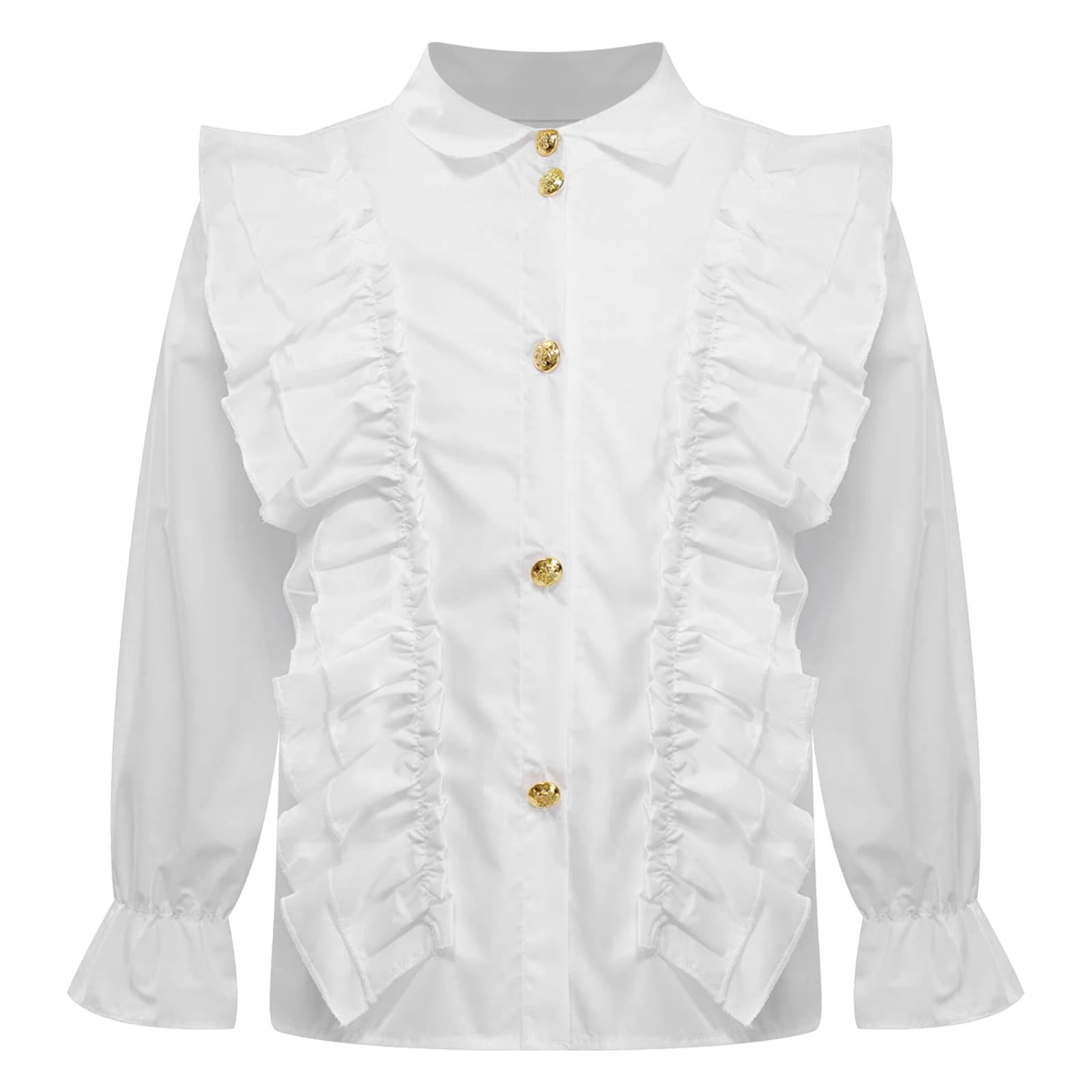 Girls White Ruffled Long Sleeve Button Down Blouse