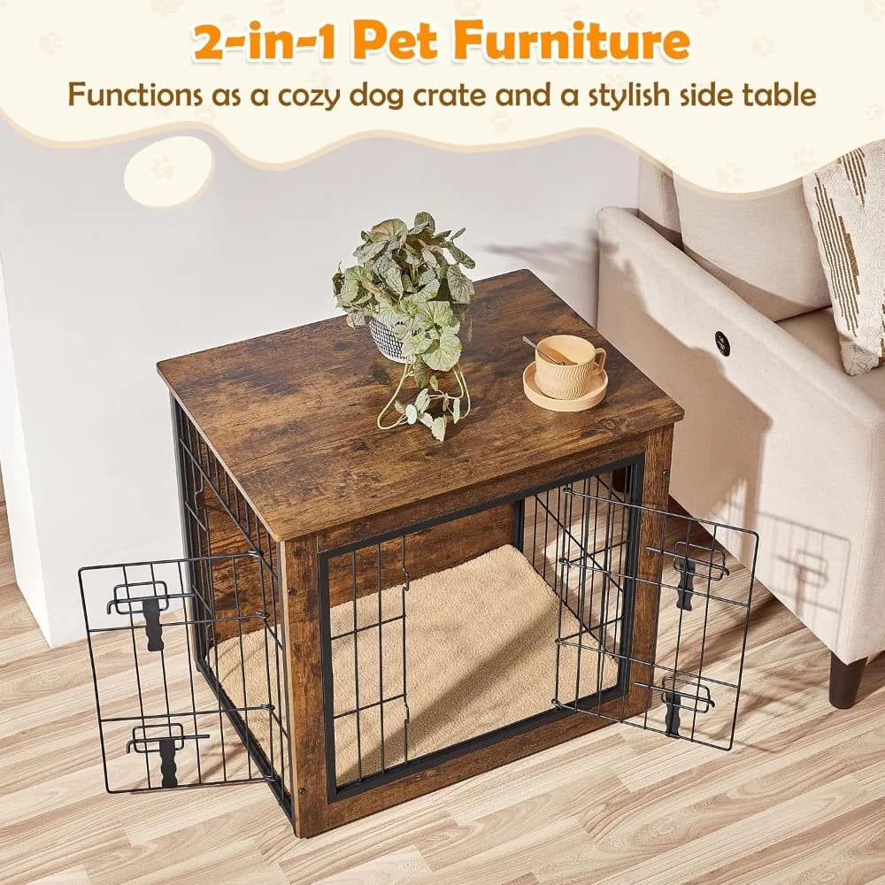 Wooden Dog Crate End Table with Double Door