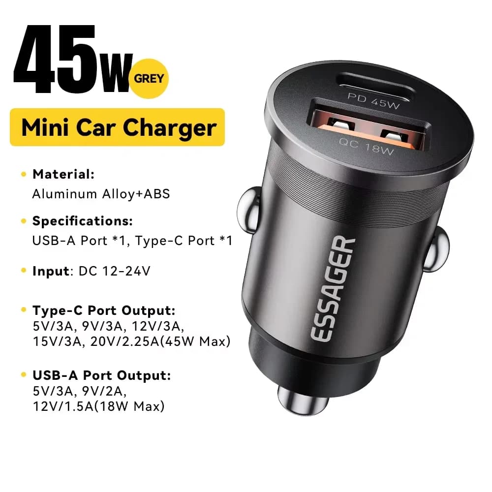 Dual Port Car Charger Fast Charging 45W