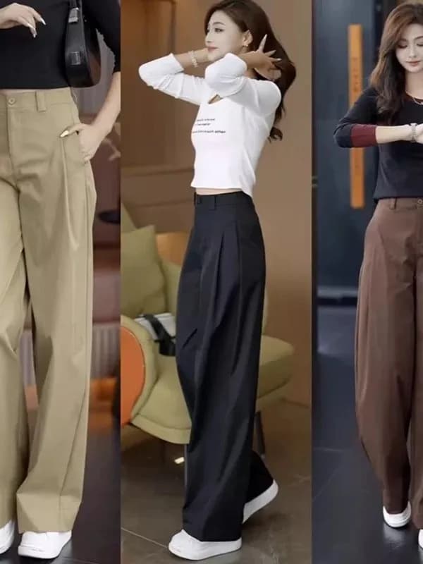 Women's High Waist Khaki Straight Leg Trousers