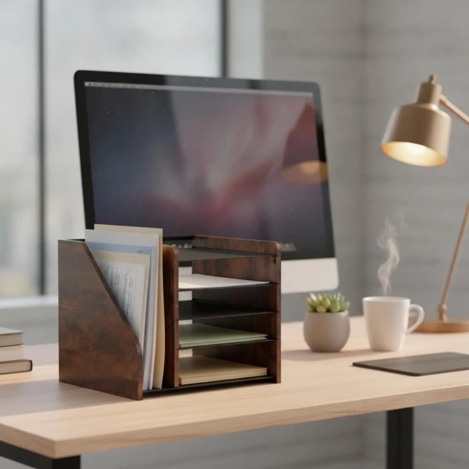 Wooden File Organizer Space Saving Desktop Shelf Organizer Large Desk Organizer for Home Workspace