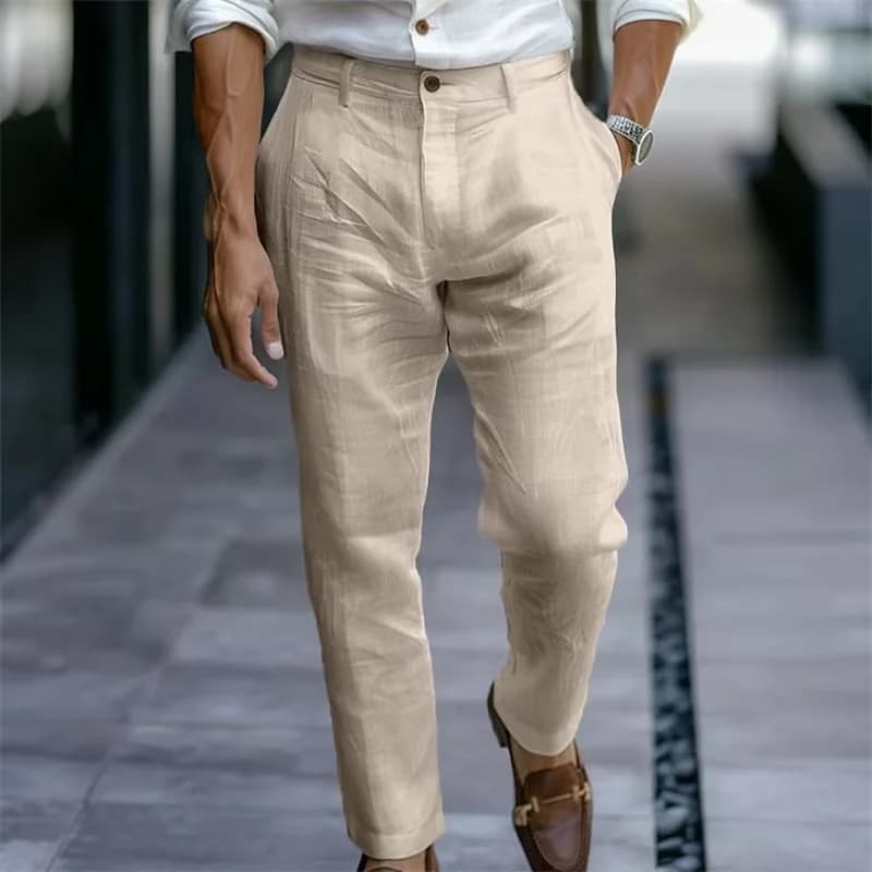 Men's Khaki Linen Blend High Waist Tapered Ankle Pants