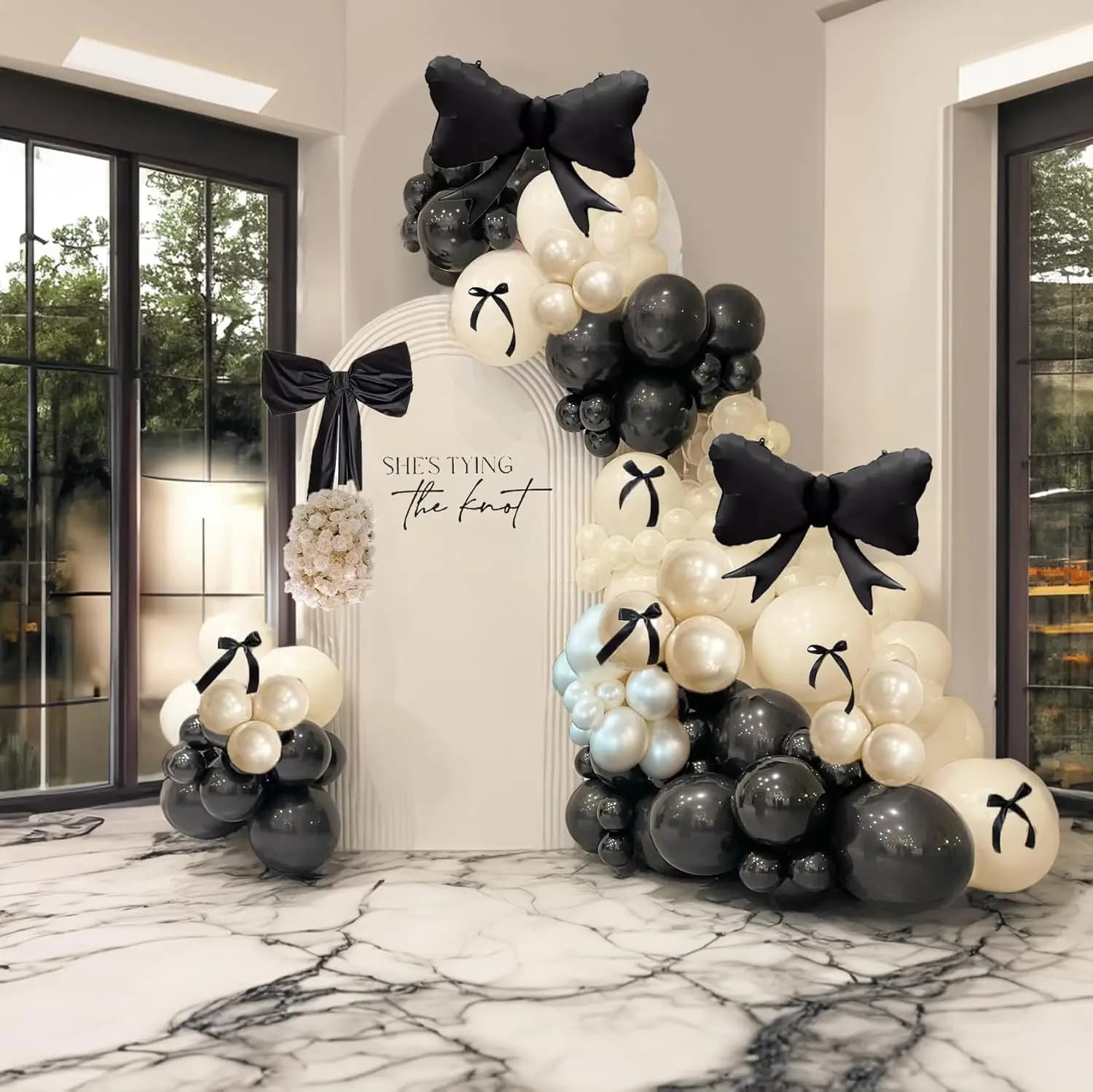 122pcs Black Bow Birthday Party Decorations With Pearl White Balloons for Girl Coquette Birthday Wedding Bridal Party Decoration