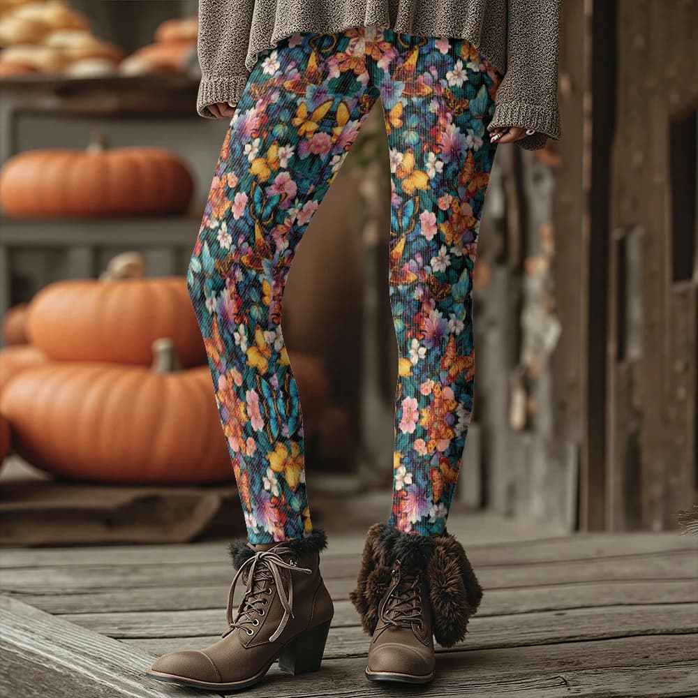 Colorful Blooming Flowers Pattern Women's Leggings Autumn Winter Warm Fashion Tights Stylish Outdoor Look Fashion Streetwear