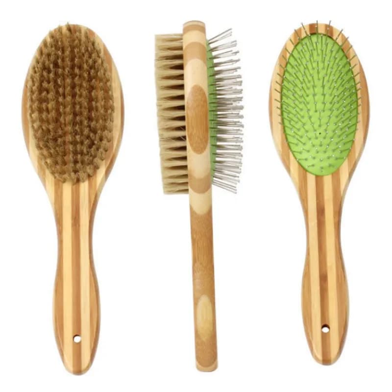 Bamboo Double-Sided Dog Brush with Stainless Steel Teeth