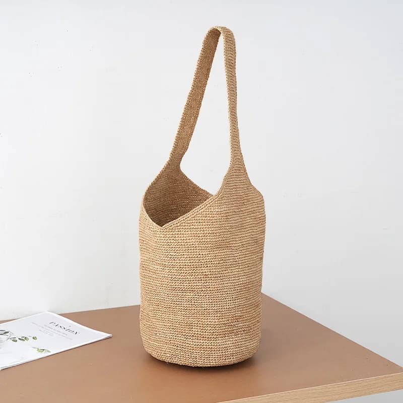 Handwoven Straw Bucket Bag Women Boho Style Large Capacity Shoulder Tote Summer Beach Vacation Handbag Casual Daily Commuter Bag