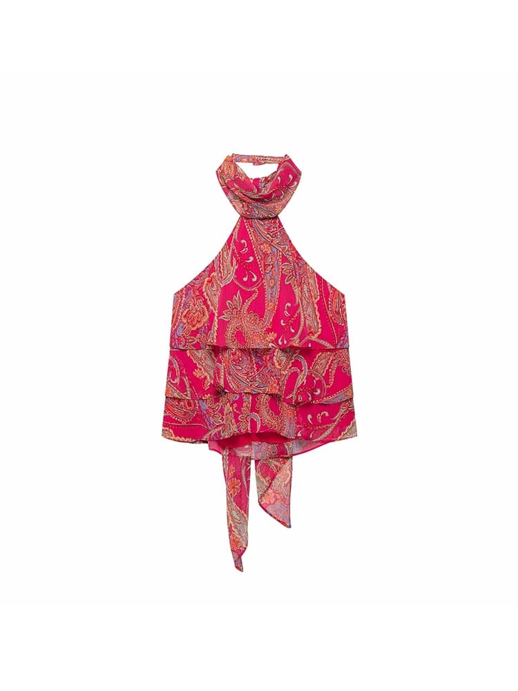 Women Vintage Fashion 2026 Autumn Red Print Suit Women Sexy Vest+ Sashes Draped Long Skirt Chic Bohemian Female Beach Sets