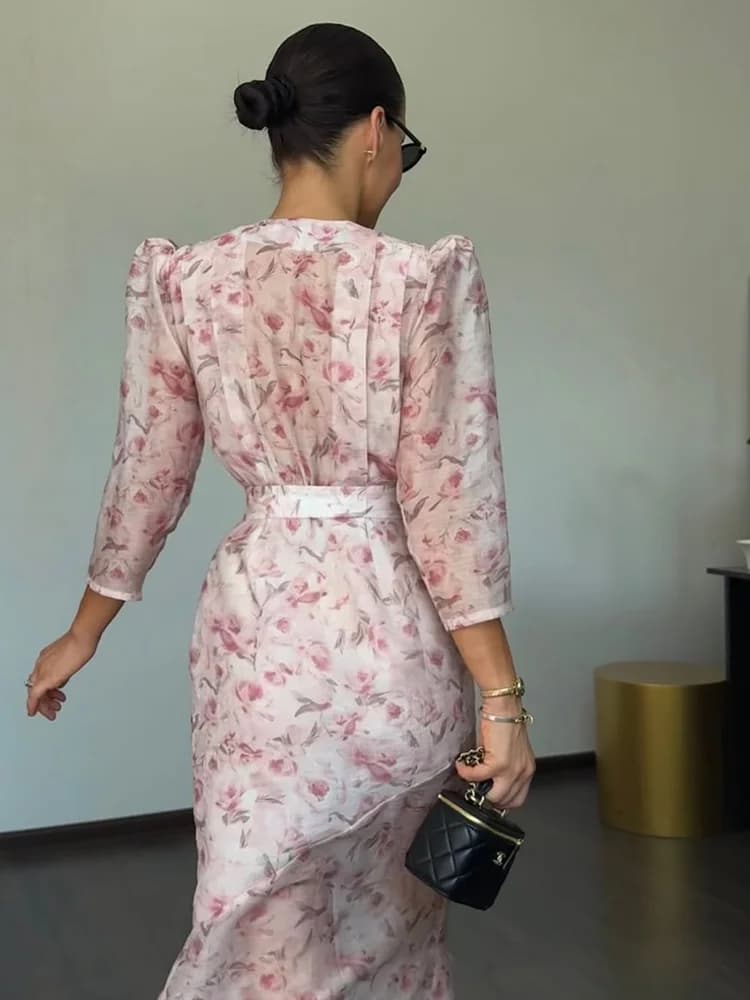 Print Dress Women's Floral Dresses Deep V-Neck Puff Sleeves Waist Button Elegant Linen Blend Maxi Dress Woman Clothes Daily Wear