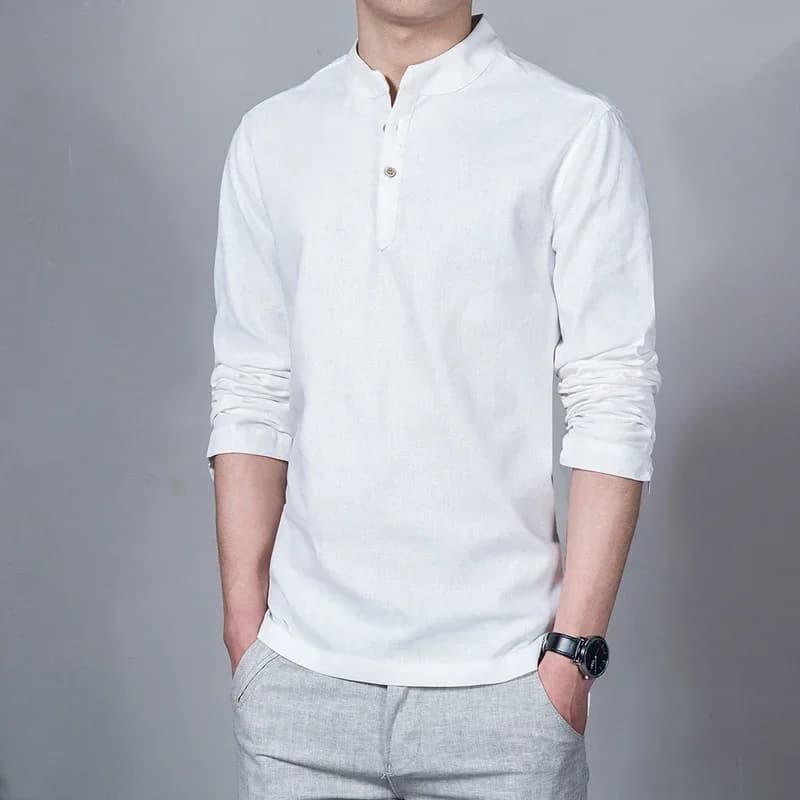 Men's Clothing  Men Spring Tops & Tees Male Fashion T-Shirts Stand Collar Long-sleeved Slim Base Shirt Homme Linen t-shirt