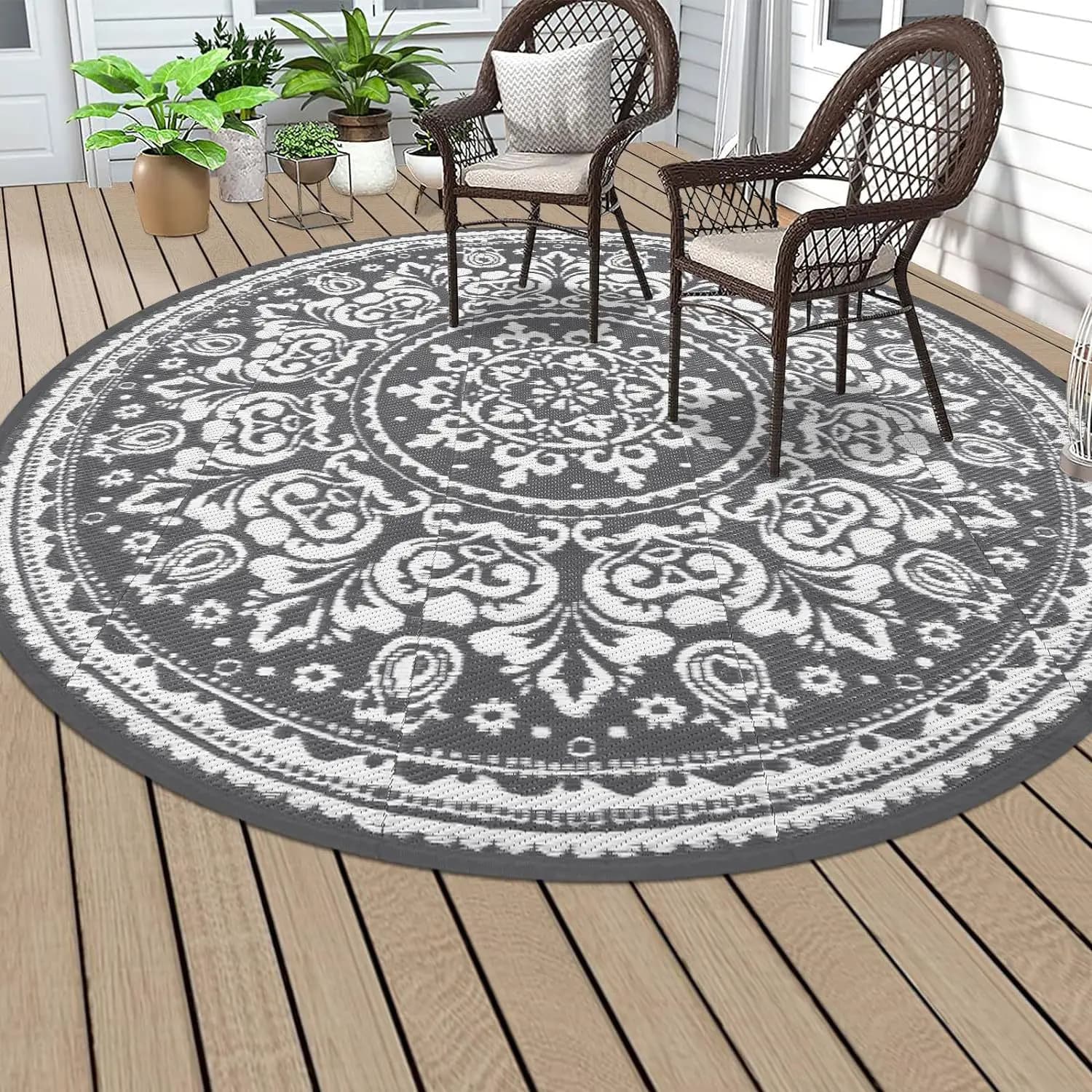 Round Outdoor Waterproof Vintage Floral Rug