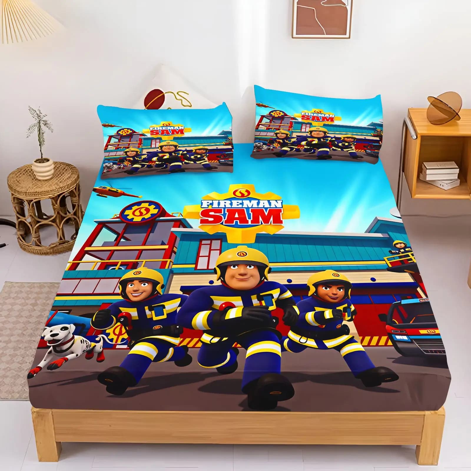 Fireman Sam Bedding Set Fitted Sheet Pillowcase Kids Cartoon Bed Cover Bedroom Decor Bed Sheets Home Textile