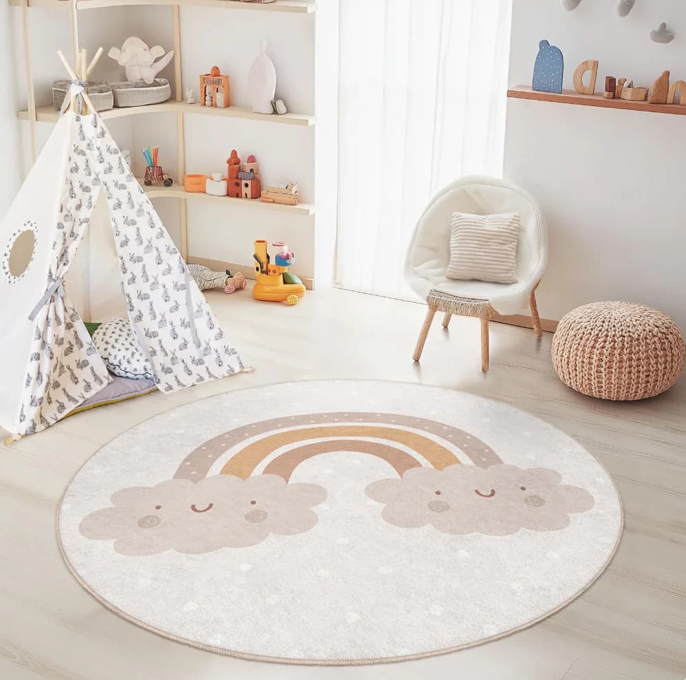 Round Kids Room Cute Geometric Theme Area Rug Rainbow Cloud Mat Non Slip Soft Safe Stylish for Bedroom Playroom Home Decor