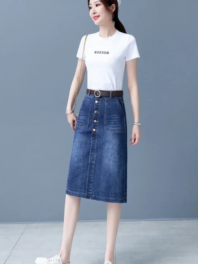 High Waist Denim Midi Skirt with Slit