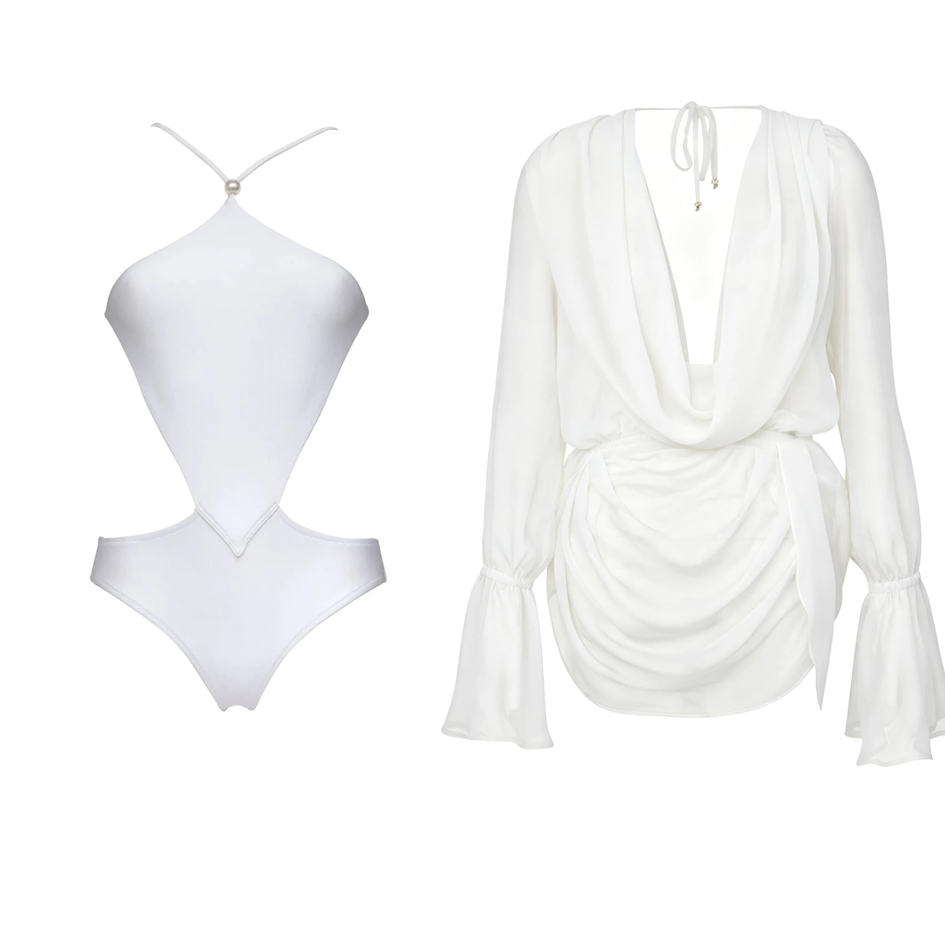 White Halter High-Leg Bikini With Skirt
