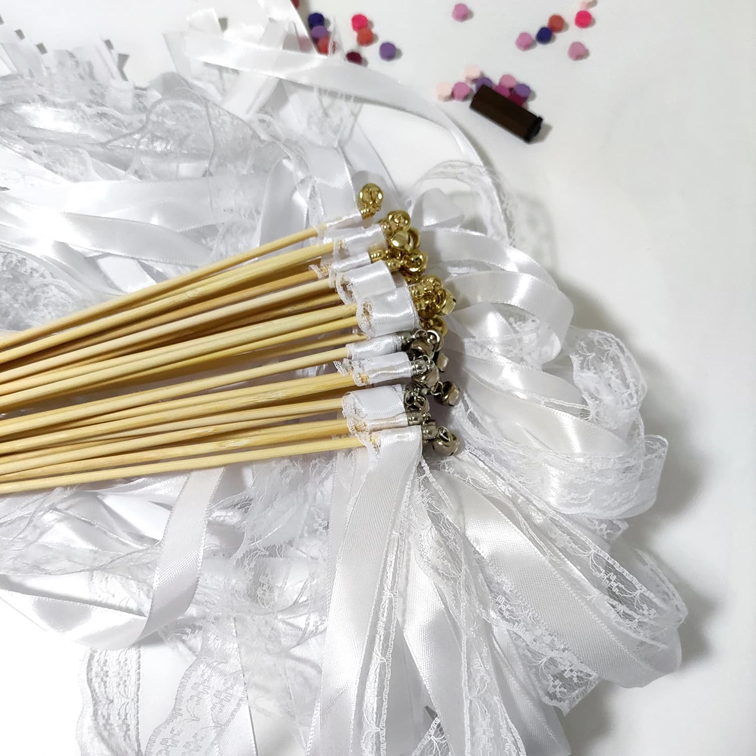White Ribbon Wand with Lace and Bells