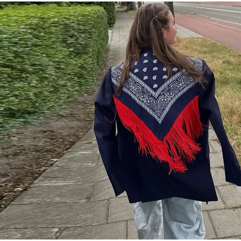 Women's Bandana Print Blazer with Fringe Shawl Back